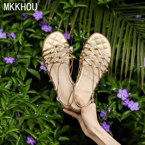MKKHOU Fashion Sandals Womens New Summer Shoes Gold Strap Woven Mesh Medium and Low Heel Sandals Open Shoes Women