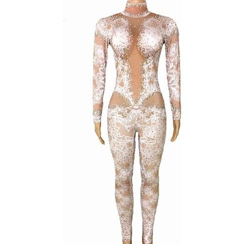 Fashion Rhinestones Jumpsuit Leggings Stretch Sexy Costume Women Nightclub Party Wear Dance Bodysuit Fashion Rompers