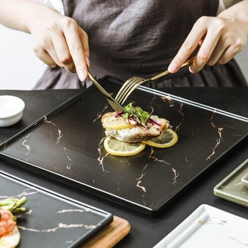 Marbled Steak Ceramic Plate Western Food Dim Sum Pasta Dessert Home Hotel Creative Square Black And White Flat Plate Tableware