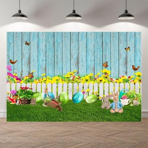 NeoBack Spring Easter Blue Wood Board White Fence Bunny Cart Eggs Butterfly Children Kid Photography Background Photocall Banner