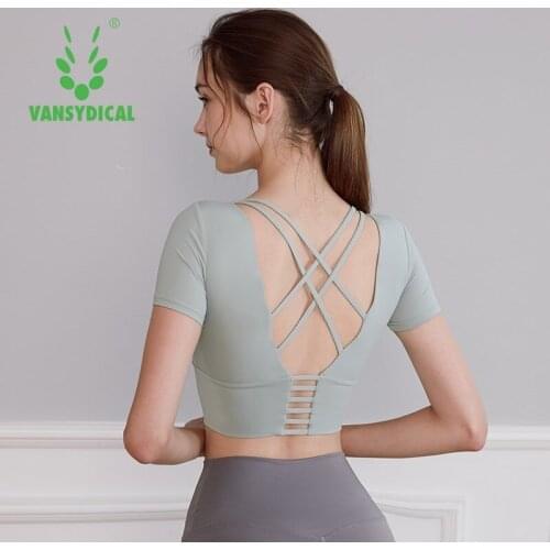 Vansydical Women Yoga Shirt Gym Quick Dry Sports Shirts Cross Back Breathable Backless Workout Padded Sexy Fitness Vest Tights