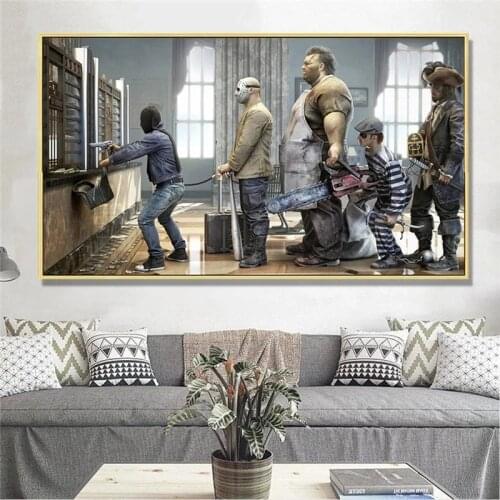 Modern Funny Art Robbers Queue Rob Bank Canvas Painting Posters and Prints Wall Art Pictures for Living Room Home Decor Cuadros