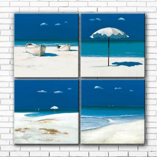 Mediterranean blue sea beach umbrella boat canvas printings oil painting printed on canvas home wall art decoration picture