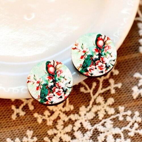 Unique 3D Flower Embossed 16mm Round Coloured Drawing pattern Laser Cut wood Cabochon DIY for Rings, Earring,Brooch,Necklace