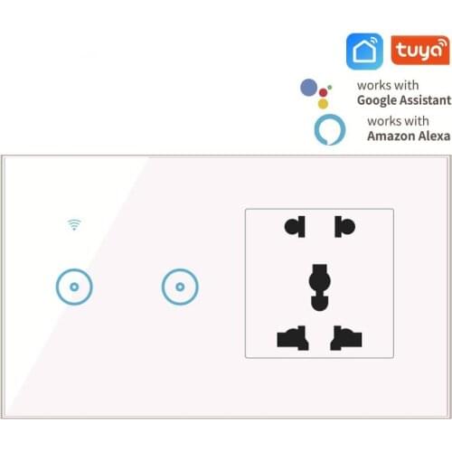 10A EU standard Wall Power Universal socket with 2 Gang WIFI Touch Switch,Black Crystal Glass Panel Works Alexa,Google