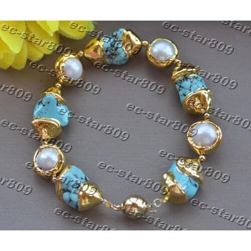 Z11359 8" 23mm Baroque Blue Turquoise White Pearl Yellow Gold Plate Bracelet