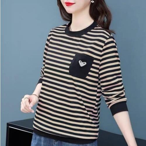 2021 New Autumn Spring O Neck Polyester Long Sleeve womens t-shirt Fashion Korean Style Striped Oversized t shirt