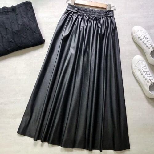 FNOCE 2020 autumn winter womens skirt faux leather fabric street fashion casual elegant solid high waist slim Mid-Calf skirts