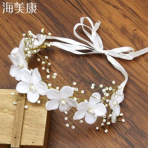 Haimeikang New Handmade Slik Flower Pearl Wreath Headband Ribbon Beauty Bridal Floral Garlands Wedding Women Hair Accessories