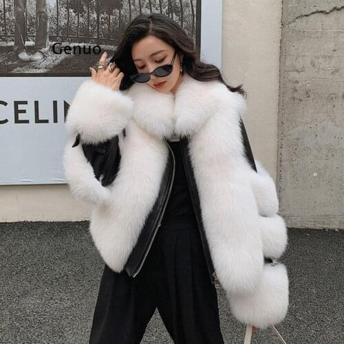 Women Faux Fox Fur Coat Imitation Sheepskin Leather Jacket Fluffy Fake Fox Fur Coats with Plush Fur Collar Winter Thick Overcoat