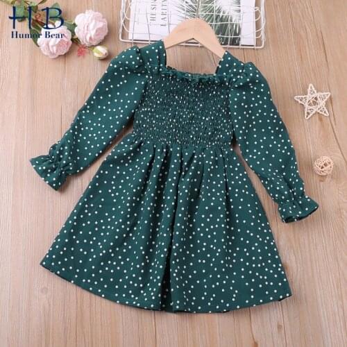 Humor Bear Girls Dress Spring Autumn Flare Sleeve Square Collar Dot Printed Casual Princess Party Dress For 2-6Y