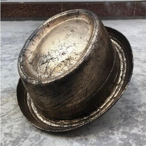 100% Leather Steampunk Hat For Men Fedora Hat Gold Pork Pie Hat Gear Glasses Flat Top Hat Gentleman Bowler Gambler Cosplay Hat