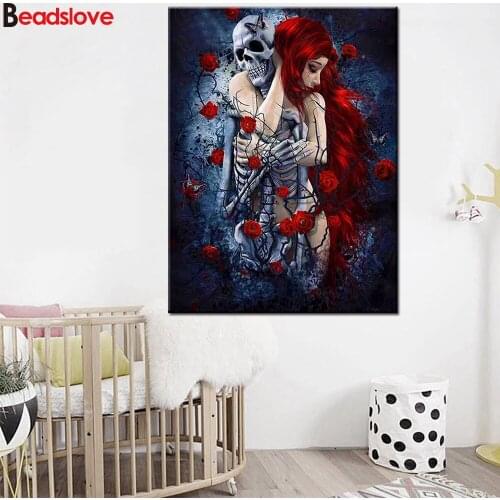 Diy Full Diamond Painting Gothic Embroidery Skull Decoration5D CrossStitch Horror Halloween Rose Naked Girl wallpaper Home Decor