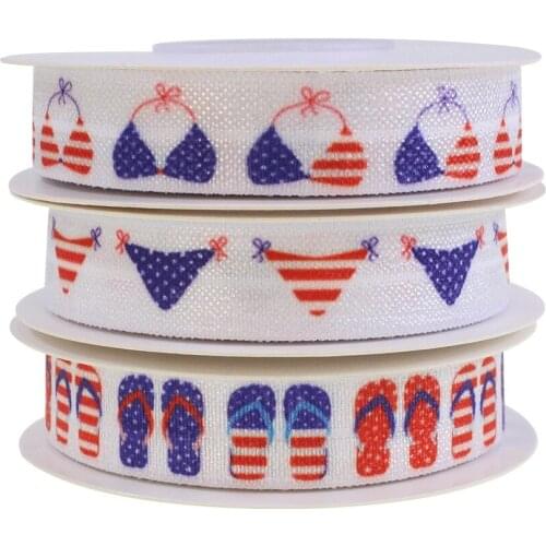 5/8" 16mm 50 yards/lot 4th of July Print Fold Over Elastic American Independence Day Blue Red FOE for Ponytail Holder Bracelet