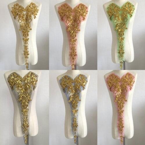High-end embroidery gold sequin mesh lace collar Fabric Sewing Applique DIY ribbon trim neckline cloth wedding dress Accessory