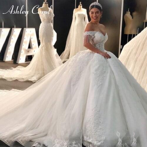 Ashley Carol Sexy Sweetheart Royal Train Ball Gown Wedding Dress 2021 Luxury Beaded Cap Sleeve Lace Up Princess Robe De Mariee