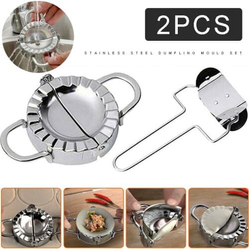 2Pcs Stainless Steel Dumpling Making Tools + Roller Cutter Mold DIY Dough Press Pie Pastry Making Tool Dumpling Maker Device