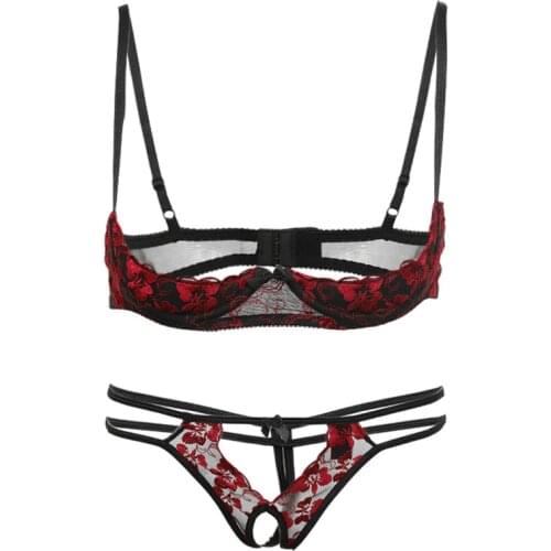 Red Embroidery Lace Bra Panty Lingerie Set Sexy Underwear Woman Open Crotch Panties Thin Cup Flower Set Lenceria Encaje