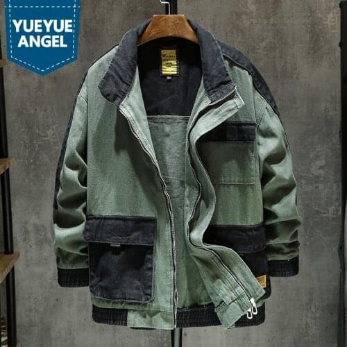 New Mens Colors Panelled Denim Jacket Pockets Outerwear Autumn Loose Fit Jeans Coat Man Fashion Casual Streetwear Jacket