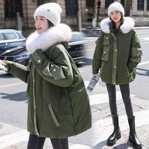 Duck down jacket womens 2021 winter new coat medium and long fashionable large wool collar loose thickened down jacket