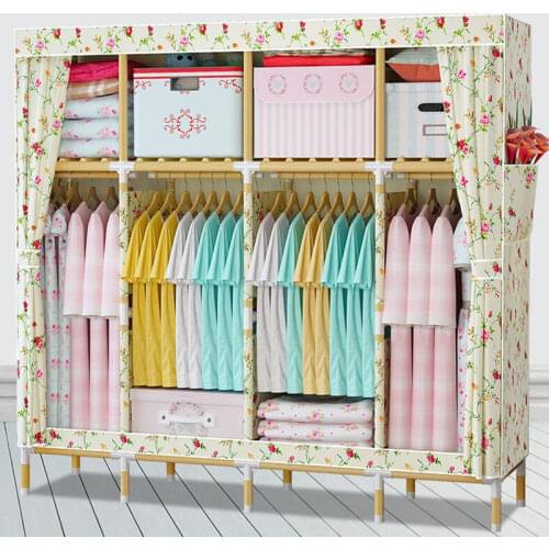 Fashion Rrural Oxford Fabric Solid Wood Wardrobe Storage Cabinet Simple Modern Economy Wardrobe Assembly Cloth Wardrobe