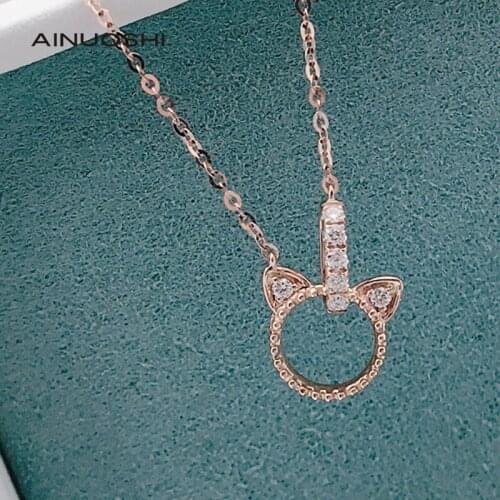 AINUOSHI Handmade 18K Rose Gold Round Cut 0.08ct Real Diamond Adorable Animal Ear Necklace, Ladies Fashion Trend Jewelry 18