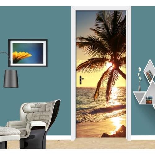 PVC Self-adhesive Waterproof Door Sticker Mural Wallpaper Beach Coconut Tree Sunrise Scenery Door Decoration Wall Painting Print