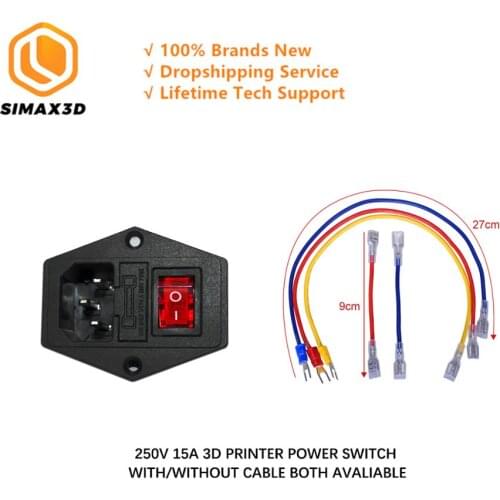 SIMAX3D 15A 250V Rocker Switch Power Socket Inlet Module Plug 5A Fuse Switch with 5Pcs 16-14 AWG Wiring 3 Pin IEC320 C14