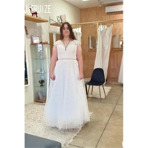 JIERUIZE Wedding Dresses A Line V Neck Cap Sleeves Appliques Bridal Gowns Lace up Back Plus Size Wedding Gowns robe de mariee