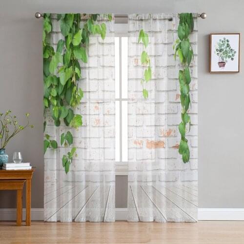 Green Plants White Masonry Tulle Sheer Window Curtains for Living Room Kitchen Children Bedroom Voile Hanging Curtain