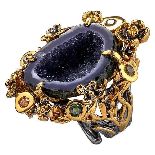 Jewelry processing custom designed original natural crystal cave retro ring Italian handmade S925 silver jewelry