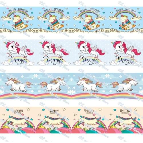 WL 5/8’16mm 7/8’22 Mm 1’25mm Diy Cute Unicorn Cartoon Print Grosgrain Ribbon Gift Wrapping Hair Bow Party Decoration