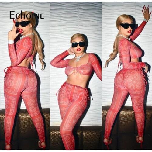 Echoine spring Women Bandana Print Sheer Mesh Two Piece Set Long Sleeve Crop Top Leggings Party Club Outfits Matching Sets