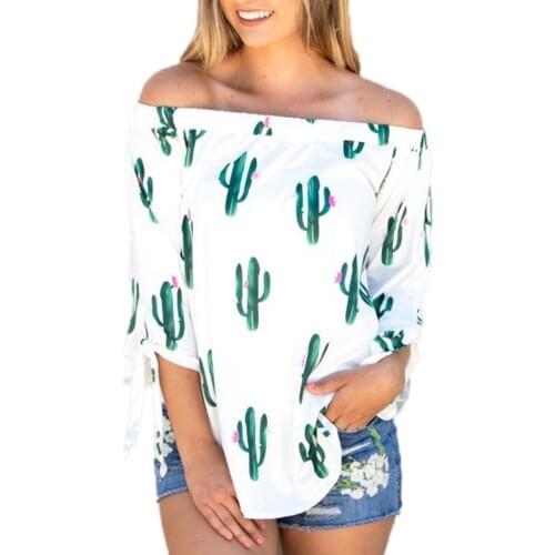Hitmebox 2019 Summer Autumn Womens Cactus Foral Printed Off the Shoulder 3/4 Long Sleeve Tie up Cuff Casual Blouse Shirts Tops