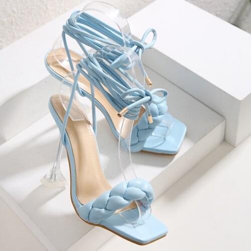 2021 New Women Sandals Heeled Narrow Band Cross-Tied Stiletto Heels Square Toe Slides Women Shoes Fashion Mules Plus Size 41 42