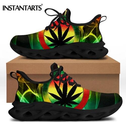 INSTANTARTS 2021 Hot Selling Women Sneakers Shoes 3D Weed Leaves Printed Flat Shoes for Ladies Breathable Platform Footwear