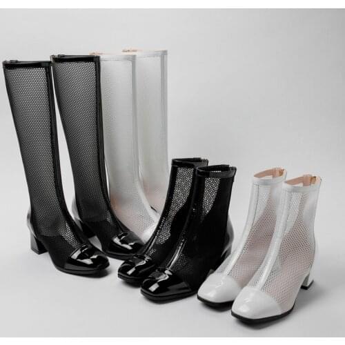 Brand Design Round Toe Knee High Boots Women Fashion Mesh Leather Thick Heel Long Summer Boots Women 2021 New Shoes Black