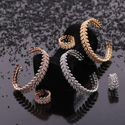 2021 Elegant Luxury Womens Bracelet & Ring 2Pcs Set Zircon Leaf Design Cuff Bangle Exquisite Jewelry Set Accessory Sweet Gift