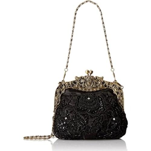 Womens Antique Beaded Party Clutch Vintage Rose Purse Evening Handbag