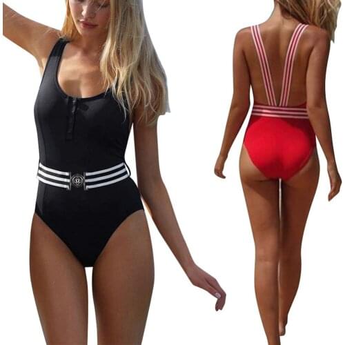 Women Sexy Bikini Romper with Belt Slimming High Waist Round Neck Swimsuit No-Sleeve Buttons Suspender Beachwear Red/Black