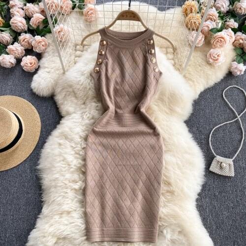 Womens Spring Summer Runway Fashion Halter Neck Sleeveless Elastic Knitted Dress Female Travel Chic Party Dress TB2000