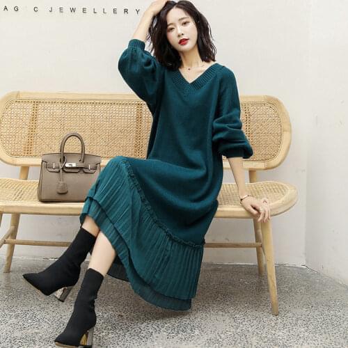 Elegant Ruffle Patchwork Women Knitted Dress Fashion Autumn and Winter Clothes Pleated Sweater Dress Pull Femme Vestidos f2538
