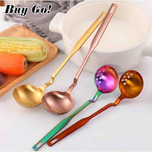 1PC Stainless Steel Hot Pot Colander Gold Soup Ladle Scoop Skimmer Curved Handle Food Strainer Spoon Kitchen Utensils Tableware