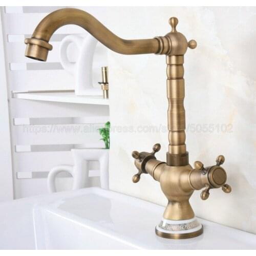 Antique Brass Bathroom Sink Faucet Basin Mixer Tap Double Cross Head Handle Hot and Cold Water Mixer Tap znf603