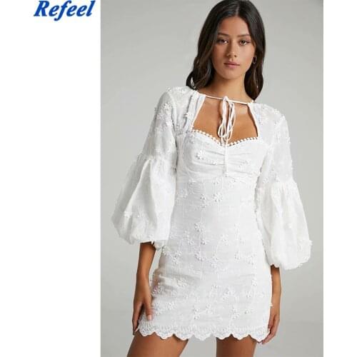 White Lace Embriodery Dress Vintage Lantern Sleeve Floral Short Dress Women Summer Spring Party Dress Backless Dress