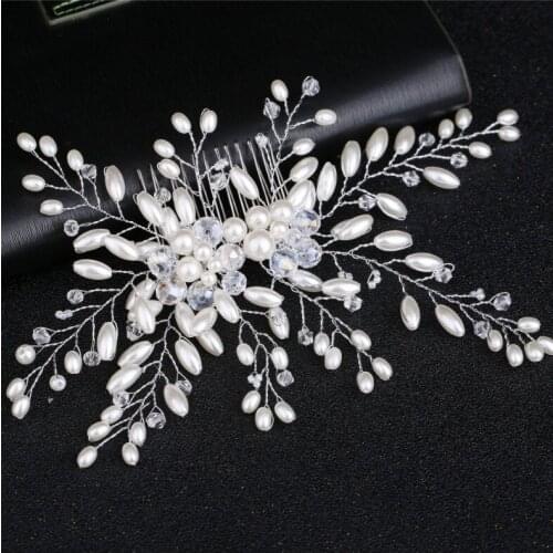 Crystal Leaf Handmade Hair Combs Jewellery Pearl Beads Tiara Bridal Headpiece Women Wedding Hair Jewelry Accessories