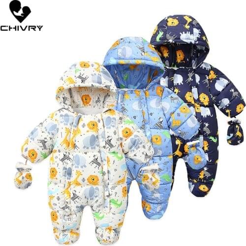 Newborn Baby Winter Thick Keep Warm Cartoon Printed Rompers Infant Boys Girls Hooded Jumpsuit Snowsuit Down Outwear Overalls