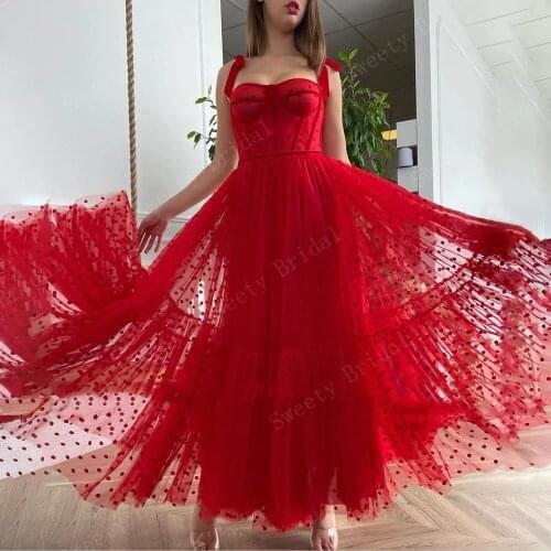 Red Polka Dots Short Tulle Prom Dresses Spaghetti Straps Ribbons Tied Bow Tea-Length Tiered A-Line Formal Party Evening Gowns