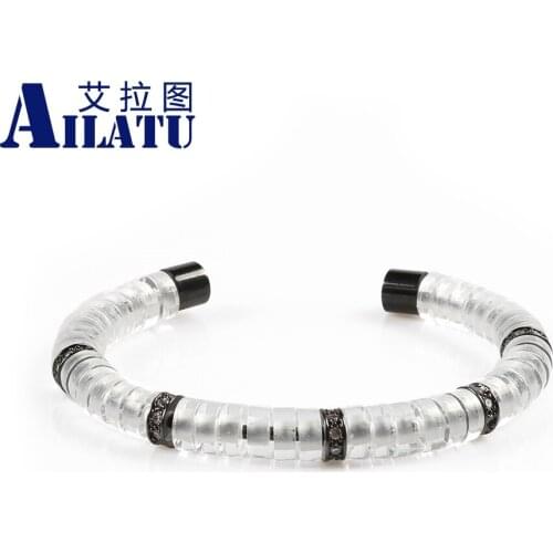 Ailatu Stainless Steel Circle Stringing Clear Glass Beads and Copper Spacer Micro Pave Cz Open Bracelets for Women'Gifts