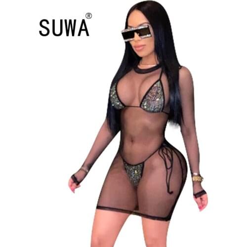 Summer 2 piece set for women bra crop top + panties + see through black mesh long sleeve dresses evening party club sexy outfits